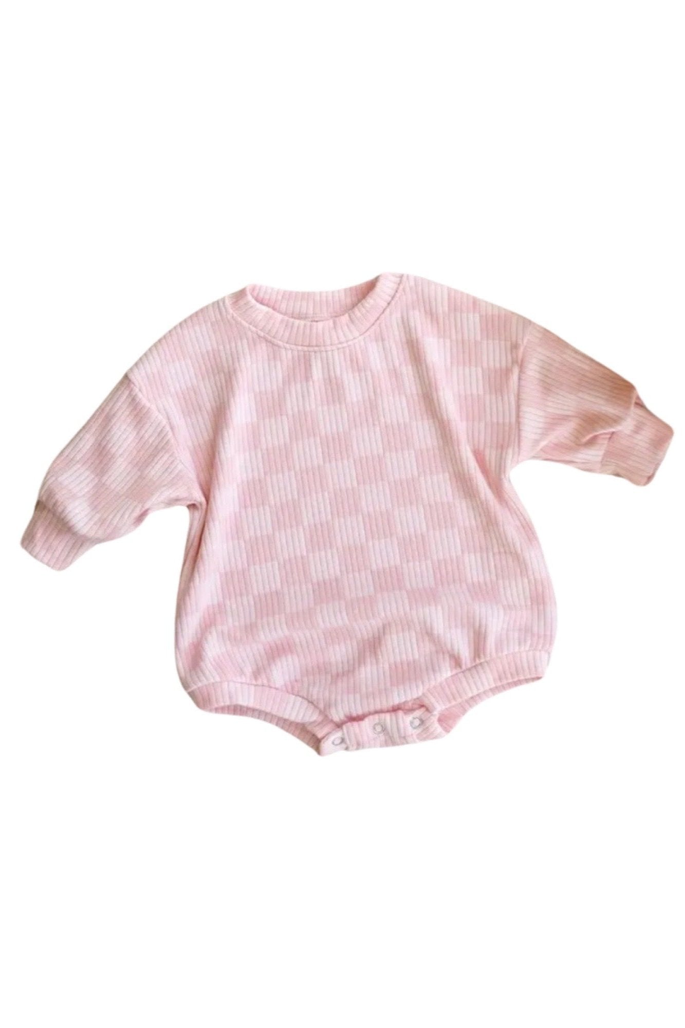 Ribbed Checkered Romper, Baby Pink